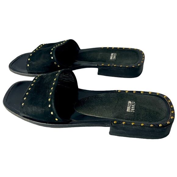 Stuart Weitzman Gorgeous Black Suede Slides Embellished in Gold Grommets Sz 5 - Picture 4 of 5